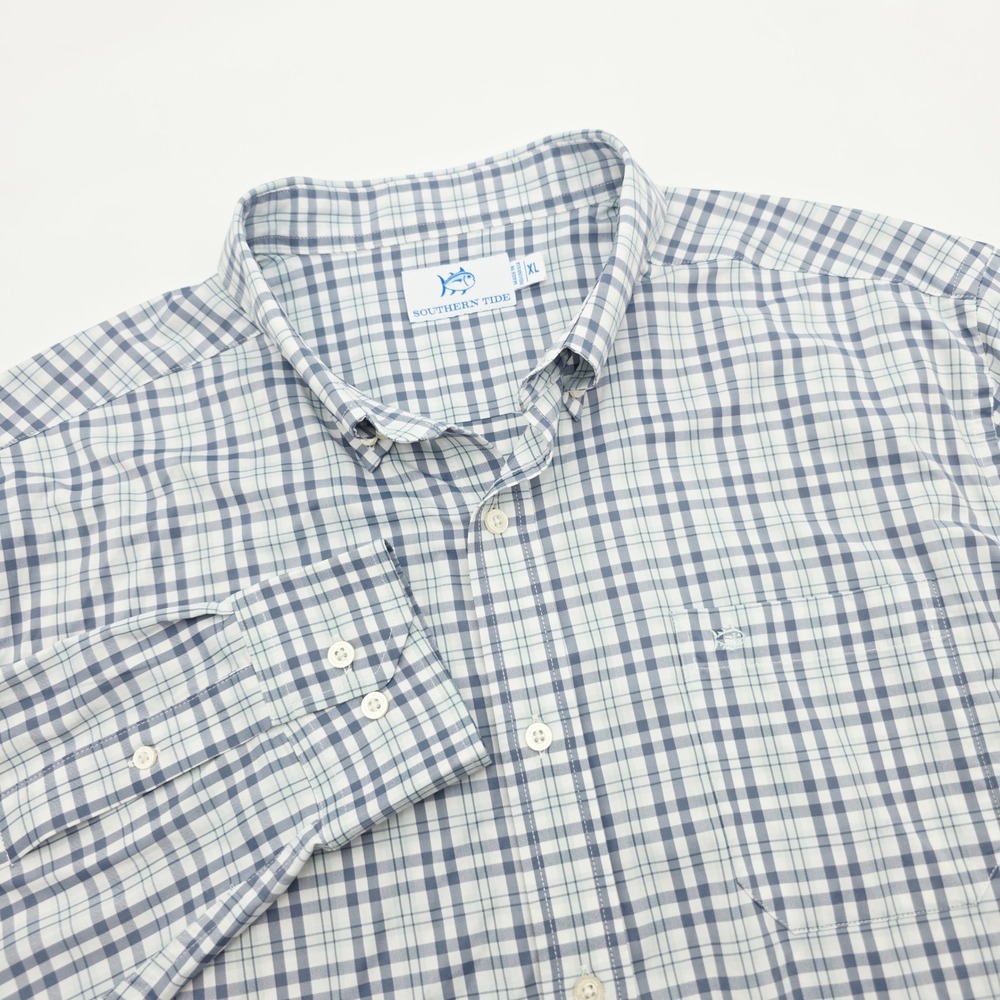Southern Tide Mens XL Blue White Plaid Performance Button Down Shirt Long Sleeve